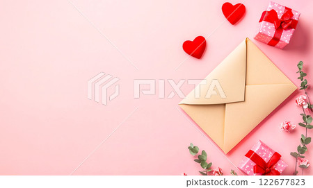 A letter with declaration of love for Valentine's  Day on soft pink background top view with space for text. Red heart symbol, gift box and roses. This is AI-generated item 122677823