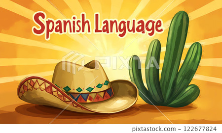 Yellow banner for a Spanish Mexican language school with a cactus, sombrero hat and the text 'Spanish Language'. Motivation for study new languages. This is AI-generated item Yellow banner for a Spanish Mexican language school with a cactus, sombrero hat and the text 'Spanish Language'. Motivation for study new languages. This is AI-generated item 122677824