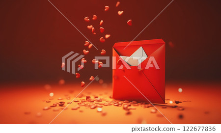 A letter with declaration of love for Valentine's Day on red background. Red heart symbols, envelope on a table. Declaration of love on February 14. This is AI-generated item A letter with declaration of love for Valentine's Day on red background. Red heart symbols, envelope on a table. Declaration of love on February 14. This is AI-generated item 122677836