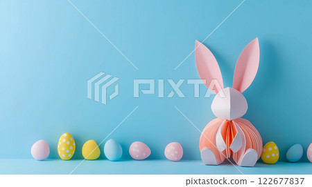 Paper pink easter bunny and multicoloured eggs on blue background with copy space and place for text. Spring holidays banner. Creative application. This is AI-generated item 122677837