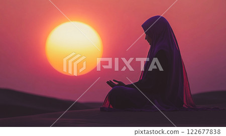 Muslim woman meditating in the desert while sunrise or sunset. A girl dressed in a hijab, niqab - Muslim women's headdress. Tranquility and solitude. This is AI-generated item 122677838