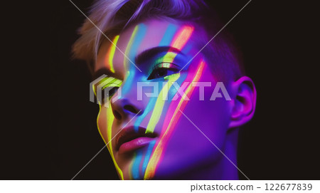 Young transgender guy with multicoloured makeup on face in a dark nightclub. Handsome guy studio shoot. Stylish trans person. LGBT community people. This is AI-generated item 122677839