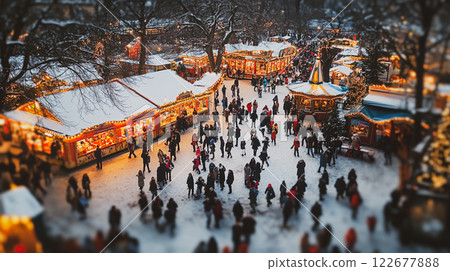 Winter fair in the open air and people have fun view from above. Wintertime holidays in amusement park with carousel, street lamps in the evening.This is AI-generated item Winter fair in the open air and people have fun view from above. Wintertime holidays in amusement park with carousel, street lamps in the evening.This is AI-generated item 122677888