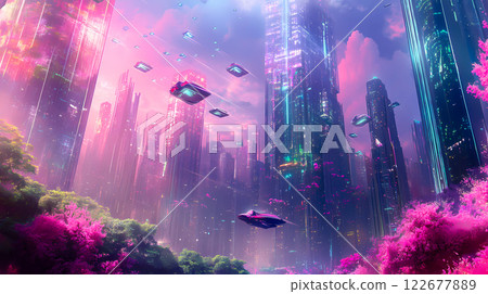 Nighttime megapolis city of a future with tall skyscraper buildings and flying cars in a night sky. Purple pink lilac urban background. Game cover. This is AI-generated item 122677889