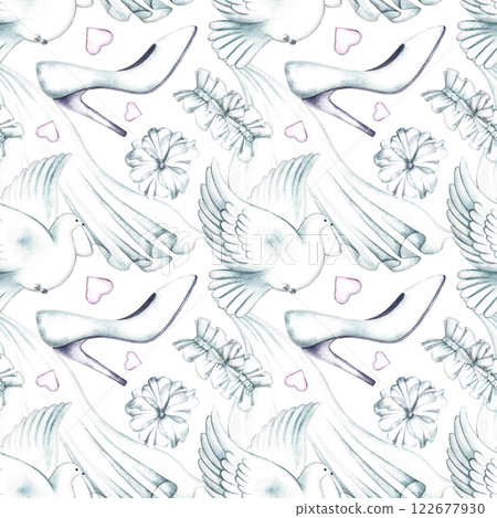 Seamless wedding pattern with doves, shoes, garters and bridal veil. A hand-drawn watercolor illustration. On a white background. Great for textiles, wallpaper, wrapping paper, wedding backgrounds. Seamless wedding pattern with doves, shoes, garters and bridal veil. A hand-drawn watercolor illustration. On a white background. Great for textiles, wallpaper, wrapping paper, wedding backgrounds. 122677930