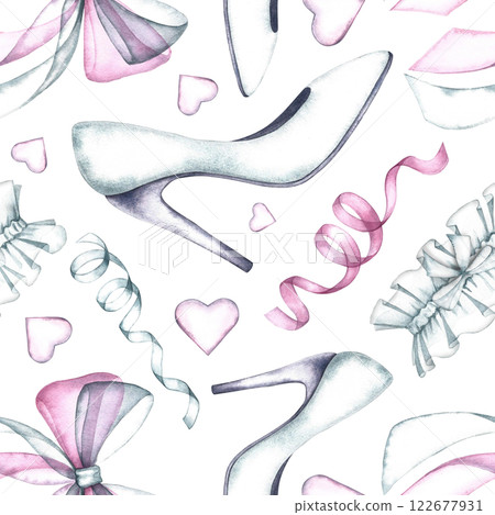 Wedding seamless pattern with shoes and garters of the bride. A hand-drawn watercolor illustration. On a white background. Great for textiles, wallpaper, wrapping paper, wedding backgrounds. Wedding seamless pattern with shoes and garters of the bride. A hand-drawn watercolor illustration. On a white background. Great for textiles, wallpaper, wrapping paper, wedding backgrounds. 122677931