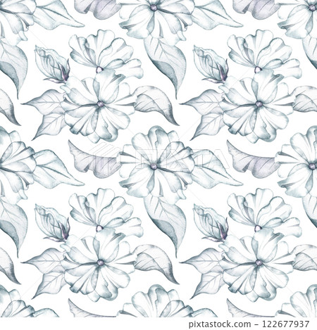 Seamless pattern with delicate white flowers and leaves. Handmade watercolor illustration. On a white background. Great for textiles, wallpaper, wrapping paper, wedding backdrops and more. 122677937