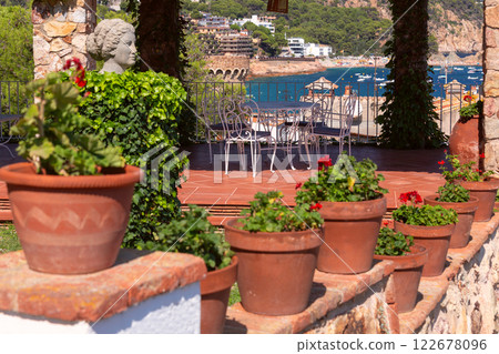 Terrace with Stone Pergola Overlooking the Sea in Tossa de Mar, Catalonia, Spain 122678096