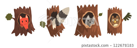 Animal Character in Hollow Tree Trunk Vector Set 122678183