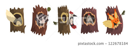 Animal Character in Hollow Tree Trunk Vector Set 122678184