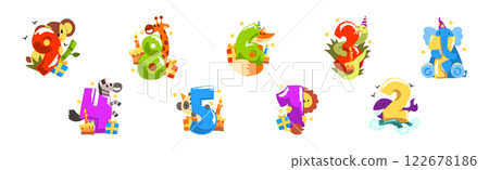 Happy Animal with Bright Number as Anniversary Celebration Vector Set 122678186