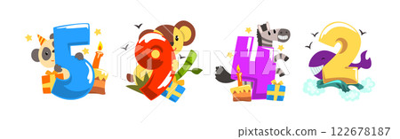 Happy Animal with Bright Number as Anniversary Celebration Vector Set 122678187