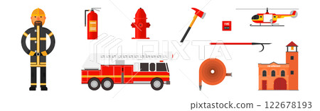 Firefighter Man Character and Emergency Equipment Vector Set 122678193