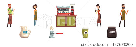 Coffee House with Barista Man and Woman Serve Aromatic Drink Vector Set 122678200