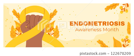 Endometriosis Awareness Month Horizontal Banner with Raised Fist, Yellow Ribbon, and Floral Background for March Health Advocacy Endometriosis Awareness Month Horizontal Banner with Raised Fist, Yellow Ribbon, and Floral Background for March Health Advocacy 122678209
