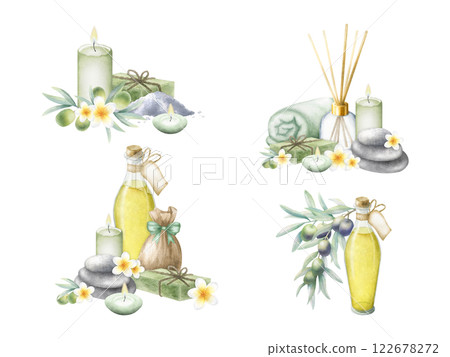 Olive oil, aleppo soap, candles, sack with sea salt, terrycloth towel, olives, stack pebbles, aroma diffuser and plumeria flowers. Hand drawn watercolor isolated set compositions of cosmetics for spa. 122678272