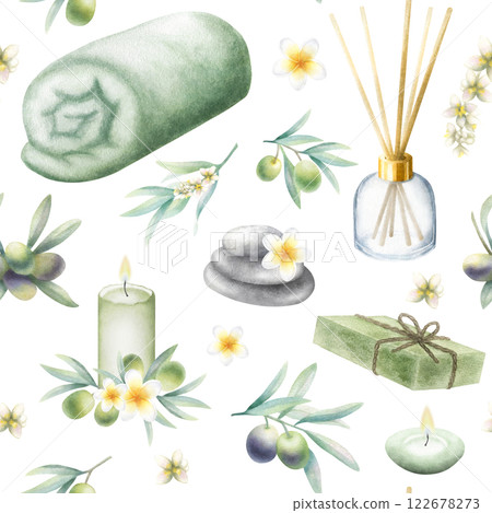Olive soap aleppo, rolled up towel, candles, aroma diffuser, stack pebbles, frangipani flowers and olive branches. Hand drawn watercolor isolated seamless pattern for packaging and spa salon design. 122678273