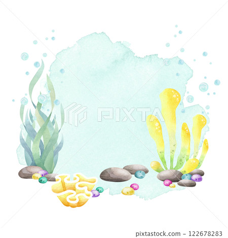 Seaweed, coral, pebbles, stones, algae watercolor isolated illustration in cartoon style. Hand drawn composition with copy space in yellow, lilac and green colors for kids marine and nautical design. 122678283