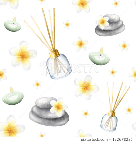 Aroma diffuser, candles, plumeria flowers and stack pebbles. Hand drawn watercolor isolated seamless pattern with frangipani for banner or backdrop, packaging paper, textile, fabric, spa salon design. Aroma diffuser, candles, plumeria flowers and stack pebbles. Hand drawn watercolor isolated seamless pattern with frangipani for banner or backdrop, packaging paper, textile, fabric, spa salon design. 122678285