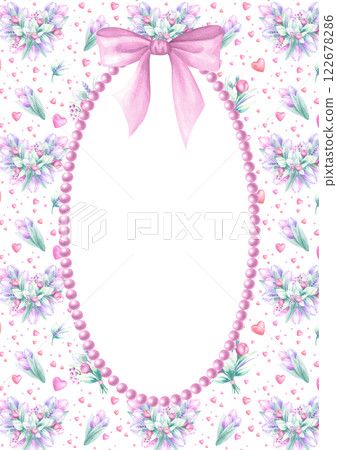 Vertical postcard template with bouquets of pink and lilac tulip, bow and necklace. Hand draw watercolor isolated illustration with empty space for text for Mother and Women Day design, greeting card. Vertical postcard template with bouquets of pink and lilac tulip, bow and necklace. Hand draw watercolor isolated illustration with empty space for text for Mother and Women Day design, greeting card. 122678286