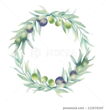 Olive tree branch with fruit and green leaves. Watercolor round wreath frame isolated on white in realistic style. Hand drawn botanical illustration for product label, logo, greeting, wedding card. Olive tree branch with fruit and green leaves. Watercolor round wreath frame isolated on white in realistic style. Hand drawn botanical illustration for product label, logo, greeting, wedding card. 122678287