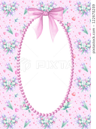 Vertical postcard template with bouquets of pink and lilac tulip, bow and necklace. Hand draw watercolor isolated illustration with empty space for text for Mother and Women Day design, greeting card. Vertical postcard template with bouquets of pink and lilac tulip, bow and necklace. Hand draw watercolor isolated illustration with empty space for text for Mother and Women Day design, greeting card. 122678289
