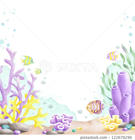 Seabed with fishes, seaweed, corals, pebbles, stones, bubbles watercolor isolated square frame with copy space in cartoon style. Hand drawn ocean bottom in yellow, lilac and green colors for designs. Seabed with fishes, seaweed, corals, pebbles, stones, bubbles watercolor isolated square frame with copy space in cartoon style. Hand drawn ocean bottom in yellow, lilac and green colors for designs. 122678290