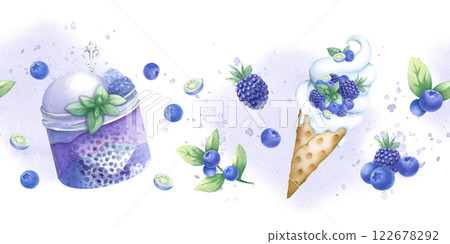 Ice cream and dessert in glass jar with blueberry, blackberry, whipped cream, chia seeds and mint. Hand draw watercolor isolated seamless border. Horizontal banner of dessert for patisserie design. 122678292