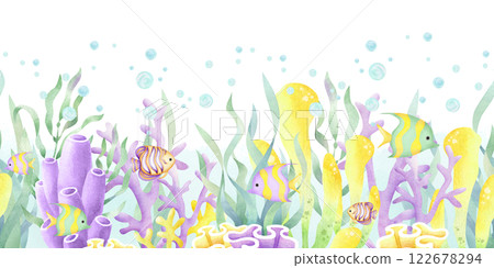 Seaweed, corals, tropical fish, watercolor isolated seamless border in cartoon style. Hand drawn sea underwater horizontal banner in yellow, lilac and green color for kids marine and nautical design. Seaweed, corals, tropical fish, watercolor isolated seamless border in cartoon style. Hand drawn sea underwater horizontal banner in yellow, lilac and green color for kids marine and nautical design. 122678294
