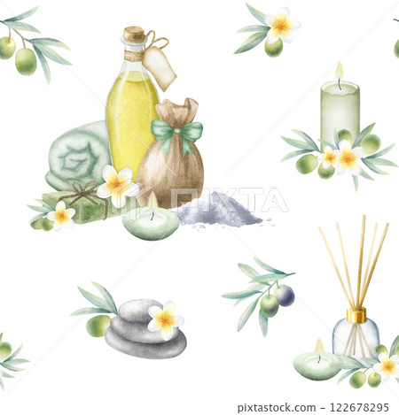 Olive oil, soap aleppo, sea salt, rolled up towel, candles, frangipani flowers and olive branches. Hand drawn watercolor isolated seamless pattern for packaging, textile, fabrics and spa salon design. Olive oil, soap aleppo, sea salt, rolled up towel, candles, frangipani flowers and olive branches. Hand drawn watercolor isolated seamless pattern for packaging, textile, fabrics and spa salon design. 122678295