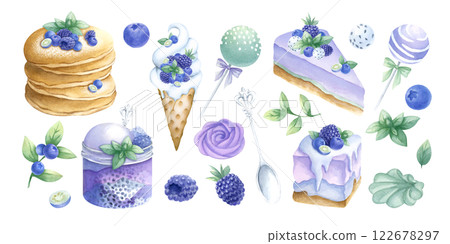 Pancakes, cakes, blueberry, blackberry, ice cream, marshmallows, cake pops, candies and whipped cream with silver spoon. Hand draw watercolor isolated illustration set of desserts for bakery, pastry. 122678297