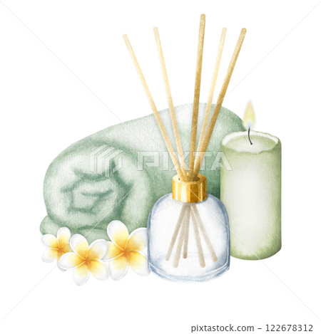 Spa towel, aroma diffuser, candle and plumeria flowers. Hand drawn watercolor isolated illustration of skin care products, frangipani. Drawing of eco cosmetics, toiletries for bodycare for spa design. 122678312