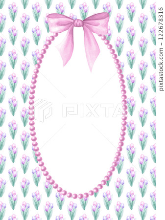 Vertical postcard template with bouquets of pink and lilac tulip, bow and necklace. Hand draw watercolor isolated illustration with empty space for text for Mother and Women Day design, greeting card. 122678316
