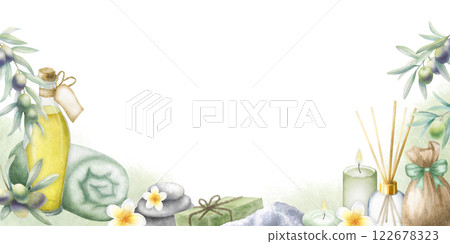 Olive oil and branches, sack with sea salt, candles, stack pebbles, towel, aroma diffuser, plumeria and soap. Hand drawn watercolor isolated rectangular frame with copy space. Banner for spa design. Olive oil and branches, sack with sea salt, candles, stack pebbles, towel, aroma diffuser, plumeria and soap. Hand drawn watercolor isolated rectangular frame with copy space. Banner for spa design. 122678323