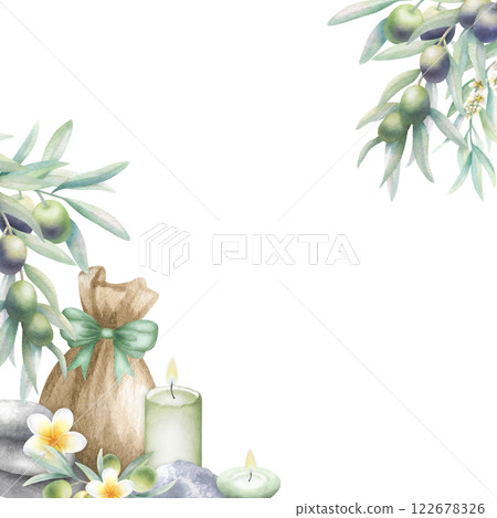Olive branches, candles, sack with sea salt, stack pebbles and plumeria flowers. Hand drawn watercolor isolated square frame with copy space of ecological organic skincare cosmetics for spa design. Olive branches, candles, sack with sea salt, stack pebbles and plumeria flowers. Hand drawn watercolor isolated square frame with copy space of ecological organic skincare cosmetics for spa design. 122678326