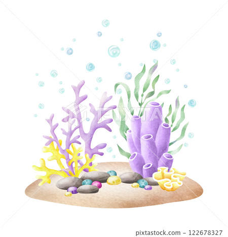 Seabed with seaweed, coral, pebbles, stones, bubbles watercolor isolated illustration in cartoon style. Hand drawn ocean bottom in yellow, lilac and green colors for kids nautical and marine designs. Seabed with seaweed, coral, pebbles, stones, bubbles watercolor isolated illustration in cartoon style. Hand drawn ocean bottom in yellow, lilac and green colors for kids nautical and marine designs. 122678327