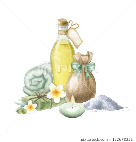 Olive massage oil, aleppo soap, sack with sea salt, terrycloth towel, candle and plumeria flowers. Hand drawn watercolor isolated illustration of ecological organic bodycare products for spa design. 122678331