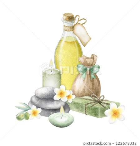 Olive massage oil, aleppo soap, sack with sea salt, stack pebbles, candles and plumeria flowers. Hand drawn watercolor isolated illustration of ecological organic skincare cosmetics for spa design. 122678332