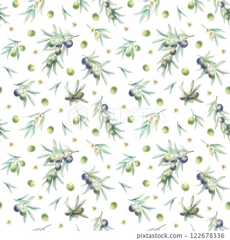 Olive branches with leaves, fruits and flowers in realistic style seamless pattern. Hand drawn botanical greenery watercolor isolated illustration with green and black olives for packaging, fabrics. Olive branches with leaves, fruits and flowers in realistic style seamless pattern. Hand drawn botanical greenery watercolor isolated illustration with green and black olives for packaging, fabrics. 122678336