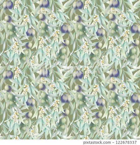 Olive branches with leaves, fruits and flowers in realistic style seamless pattern. Hand drawn botanical greenery watercolor illustration with green and black olives on dark olive color for textile. 122678337