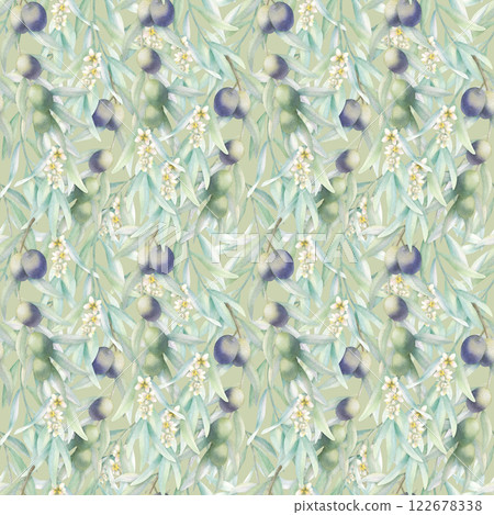 Olive branches with leaves, fruits and flowers in realistic style seamless pattern. Hand drawn botanical greenery watercolor illustration with green and black olives on light olive color for fabrics. 122678338