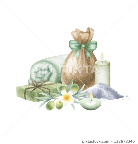 Olive aleppo soap, candles, sack with sea salt, terrycloth towel, olives and plumeria flower. Hand drawn watercolor isolated illustration of ecological organic skincare cosmetics for resort design. 122678340