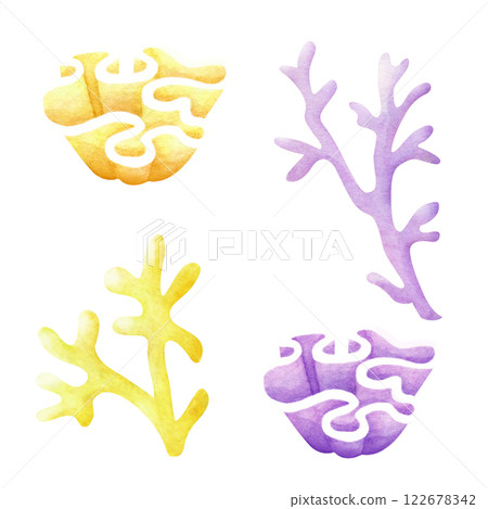 Coral in pastel lilac and yellow color watercolor isolated illustration set in cartoon style. Sketch of marine fauna. Hand drawn underwater sea colorful reef for kids marine design and nautical print. 122678342