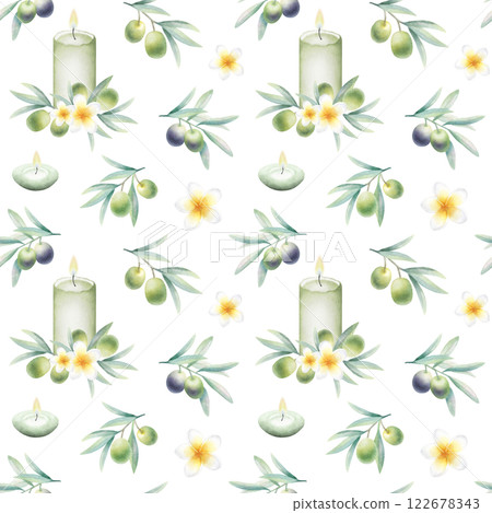 Candles, plumeria flowers and olive branches. Hand drawn watercolor isolated seamless pattern with frangipani. Illustration for banner or backdrop, packaging paper, textile, fabrics, spa salon design. 122678343