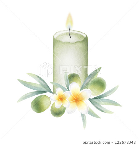 Candle, plumeria flowers and olive branch. Hand drawn watercolor isolated illustration of interior decor with frangipani. Cozy object for aromatherapy. Sketch for relax, meditation, spa or zen design. Candle, plumeria flowers and olive branch. Hand drawn watercolor isolated illustration of interior decor with frangipani. Cozy object for aromatherapy. Sketch for relax, meditation, spa or zen design. 122678348