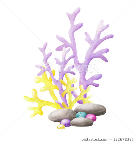 Corals, pebbles, stones watercolor isolated illustration in cartoon style. Hand drawn sea underwater colourful composition in yellow, lilac and green colors for kids marine design and nautical prints. Corals, pebbles, stones watercolor isolated illustration in cartoon style. Hand drawn sea underwater colourful composition in yellow, lilac and green colors for kids marine design and nautical prints. 122678355