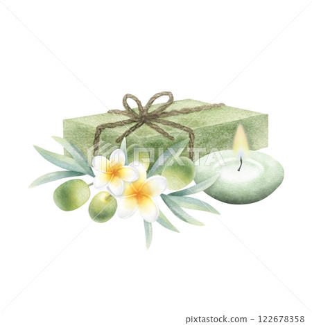 Olive aleppo soap, candle, olive branch and plumeria flowers. Hand drawn watercolor isolated illustration of eco cosmetic product and aromatherapy. Ecological product for bath relaxes, spa design. 122678358