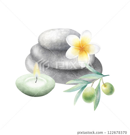 Stack of flat grey pebbles with plumeria flower, candle and olive branch. Hand drawn watercolor illustration of smooth stones with frangipani isolated from background. Drawing for spa or zen design. 122678370