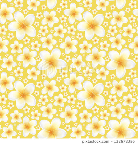 Plumeria flowers in pastel yellow and white color. Hand drawn watercolor seamless pattern of delicate frangipani on yellow. Drawing of tropic plant for packaging paper, textile, fabric and spa design. Plumeria flowers in pastel yellow and white color. Hand drawn watercolor seamless pattern of delicate frangipani on yellow. Drawing of tropic plant for packaging paper, textile, fabric and spa design. 122678386