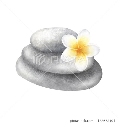 Stack of flat grey pebbles with plumeria flower. Hand drawn watercolor illustration of balancing smooth stones with frangipani isolated from background. Drawing for meditation, spa or Zen design. Stack of flat grey pebbles with plumeria flower. Hand drawn watercolor illustration of balancing smooth stones with frangipani isolated from background. Drawing for meditation, spa or Zen design. 122678401